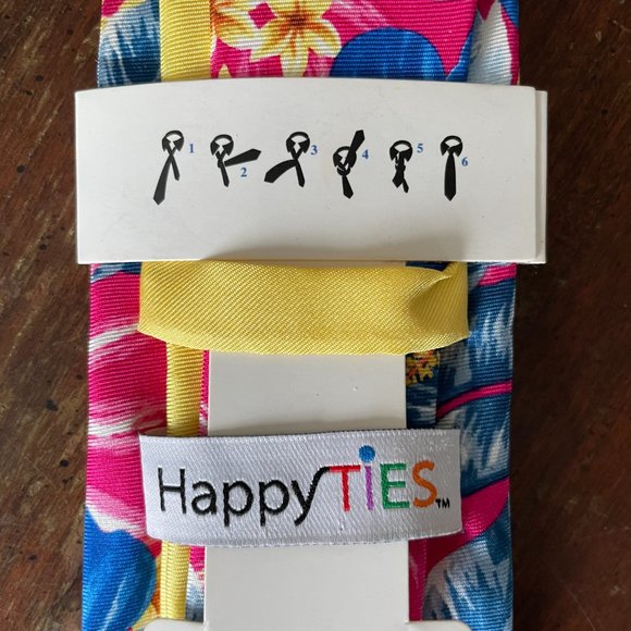 Happy Ties - Colorful Floral/Hawaiian Pink/Blue/Yellow Silk Tie - Picture 3 of 4